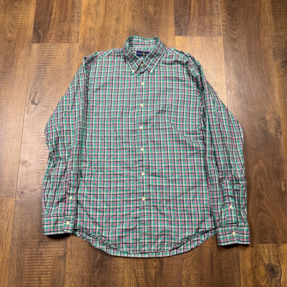 Ralph Lauren Plaid Button Down Shirt Mens L Green Pink Pony Logo